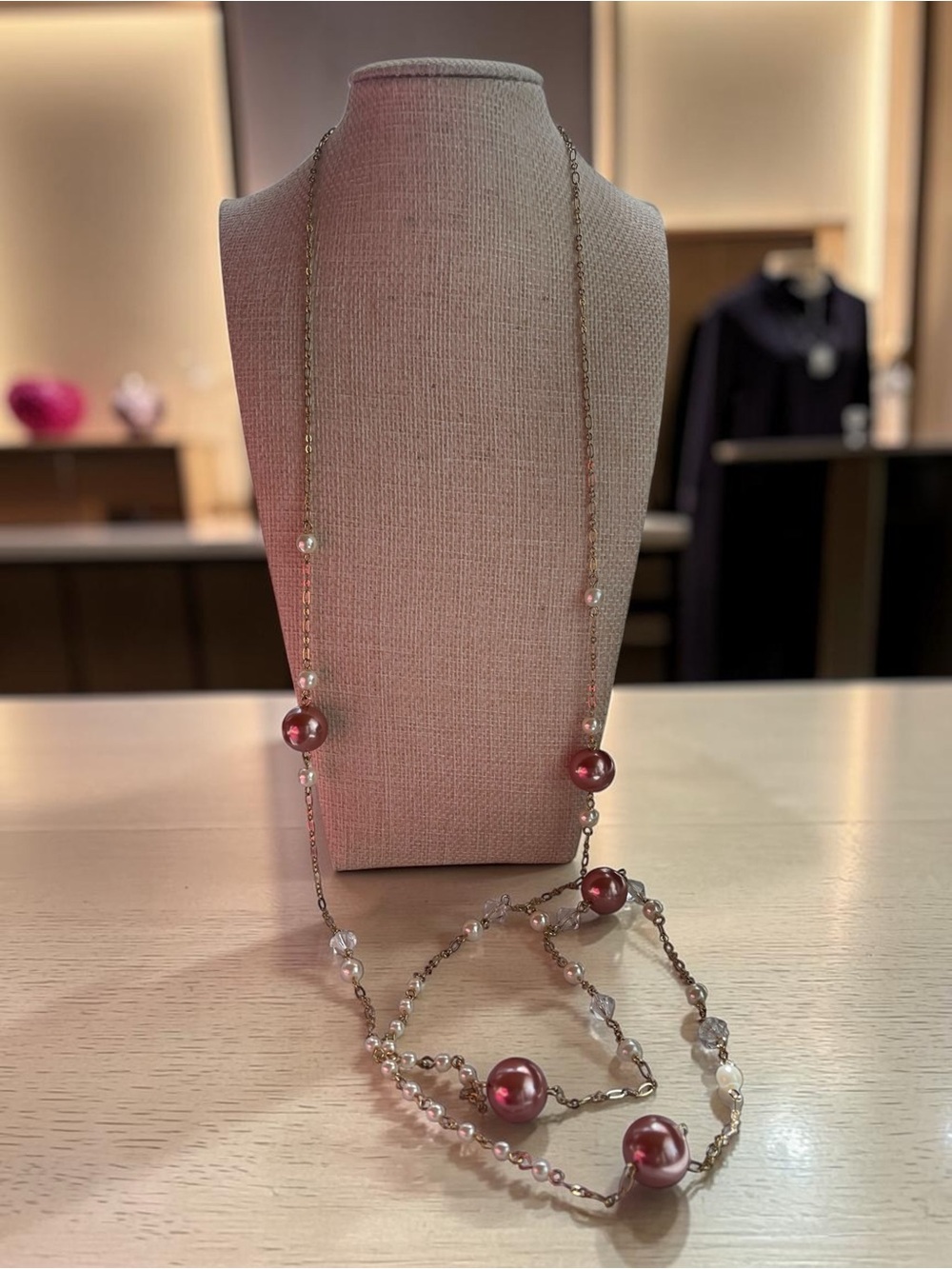 CR Signed Long Gold Tone Station Necklace Pink & White Faux Pearls
